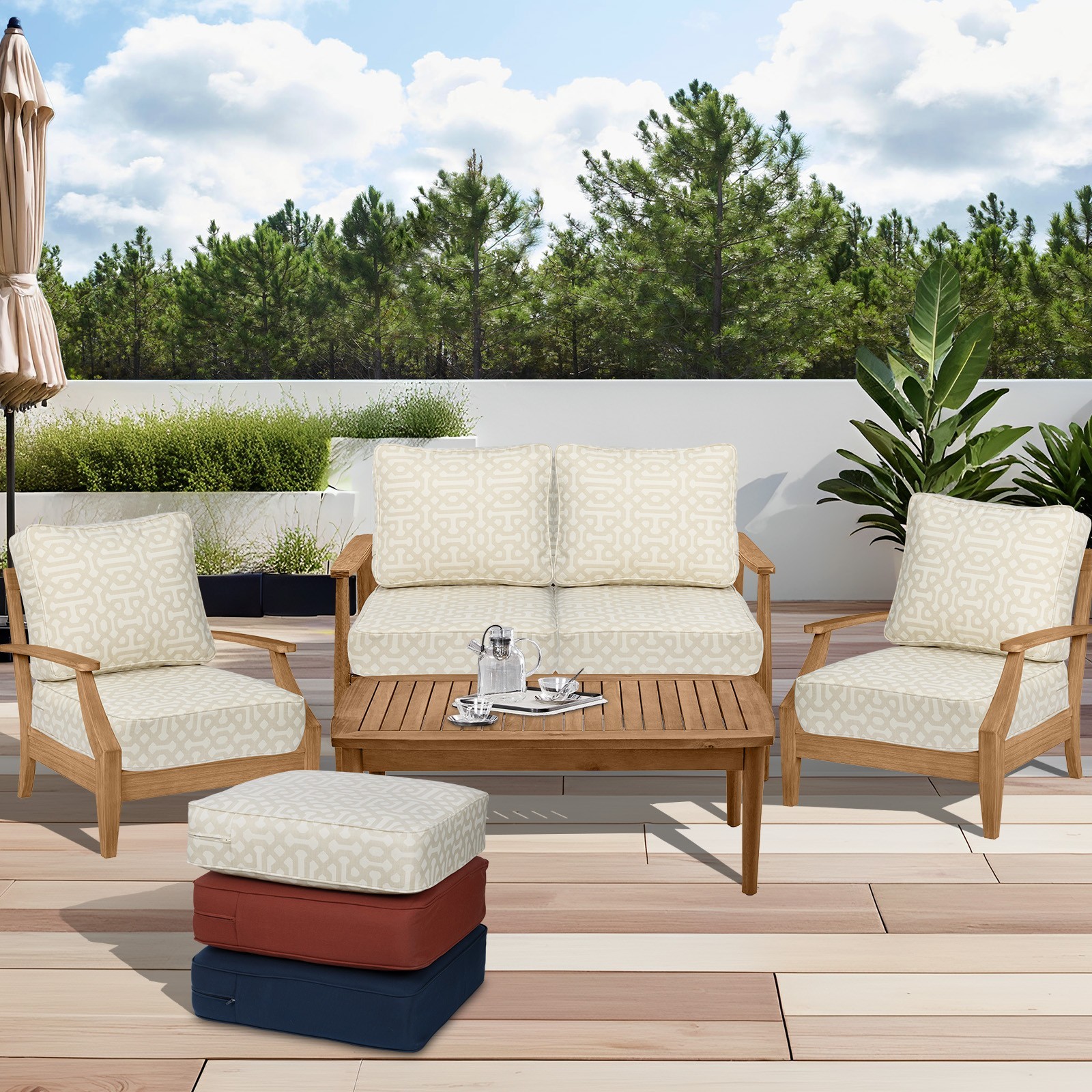 Sunbrella Fabric Outdoor Patio Deep Seat Cushions Set with Pocket Springs & Ties