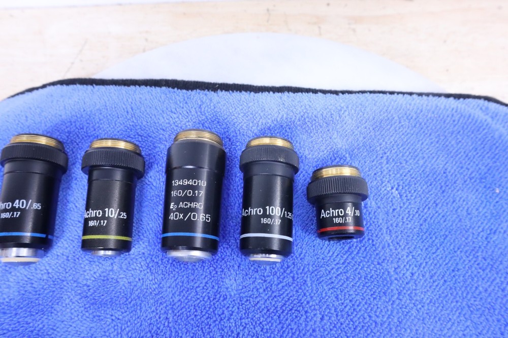 x5 Used Leica Achro Microscope Objectives #32016 32012 32015 32013 & E2 Germany