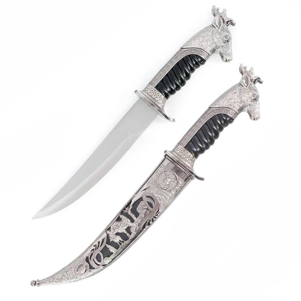 Silver Deer Handled Fixed Blade Dagger With Scabbard