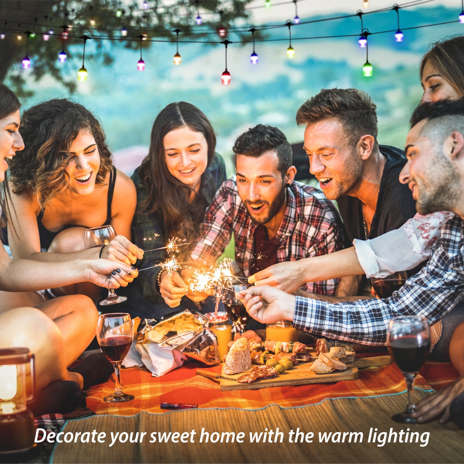Outdoor String Lights 48FT Waterproof Patio Lights Remote APP Dimmable RGB Color