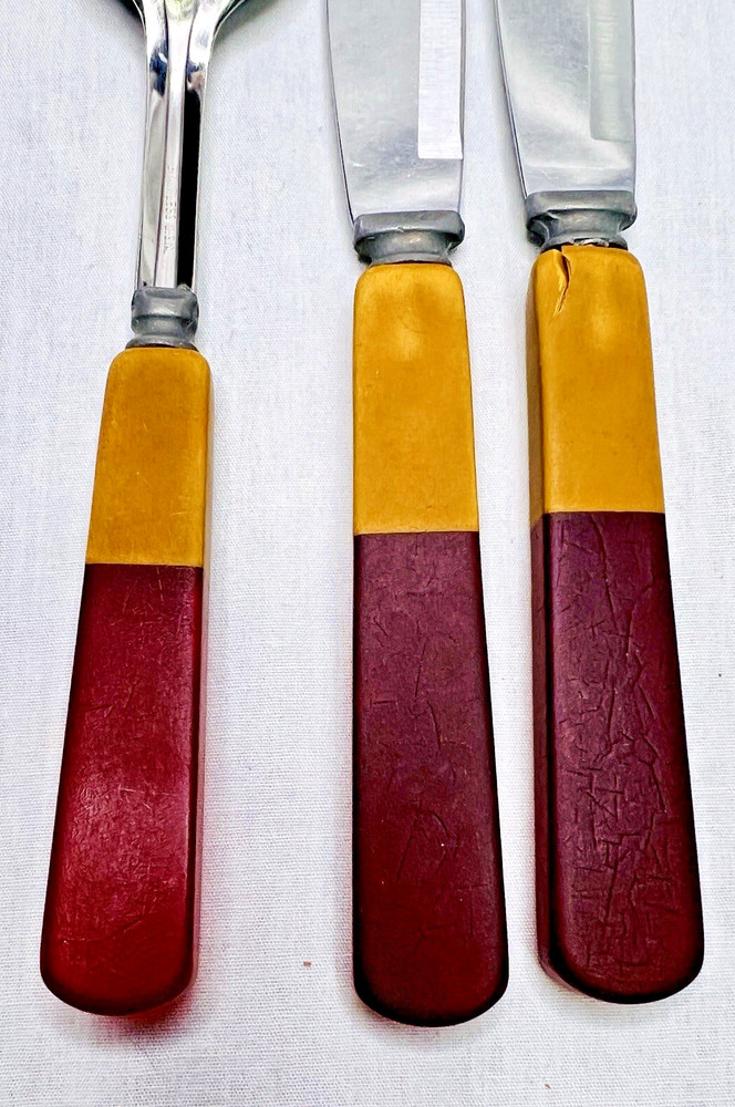 Art Deco 2-Tone Butterscotch & Red Bakelite Stainless Flatware Silverware ~ 3 pc