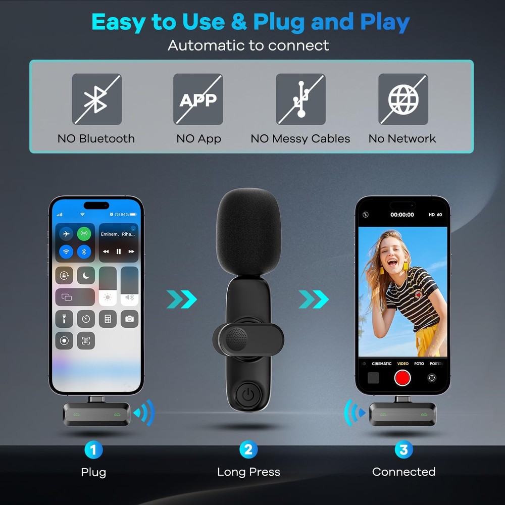 ODGG 2 Pack Wireless Lavalier Microphone for iPhone 15, USB C Lightning