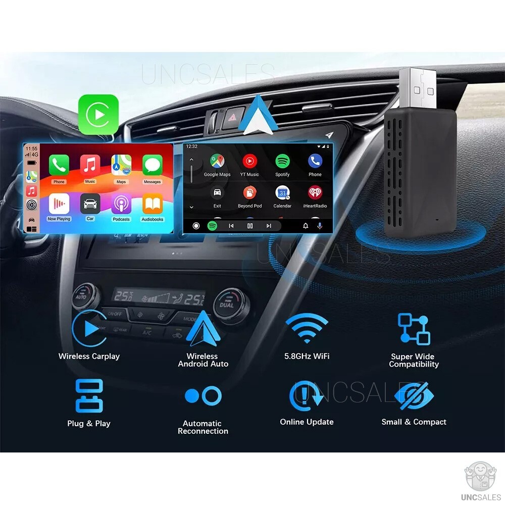 2-in-1 Carplay Wireless Adapter Android Auto Plug Play Connect USB Dongle