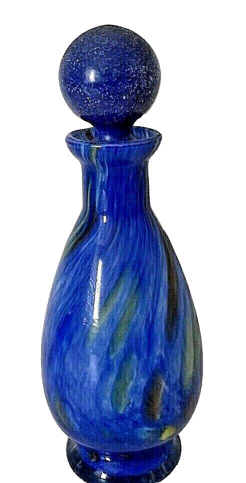Perfume Bottle Hand Blown Glass Opaque Blue Marbled 7.75" Empty