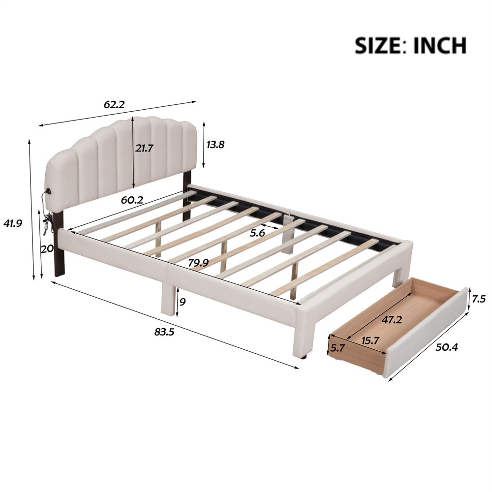 Queen Size Bed Frame Upholstered Platform Bed Frame w/ Headboard & Drawer Beige