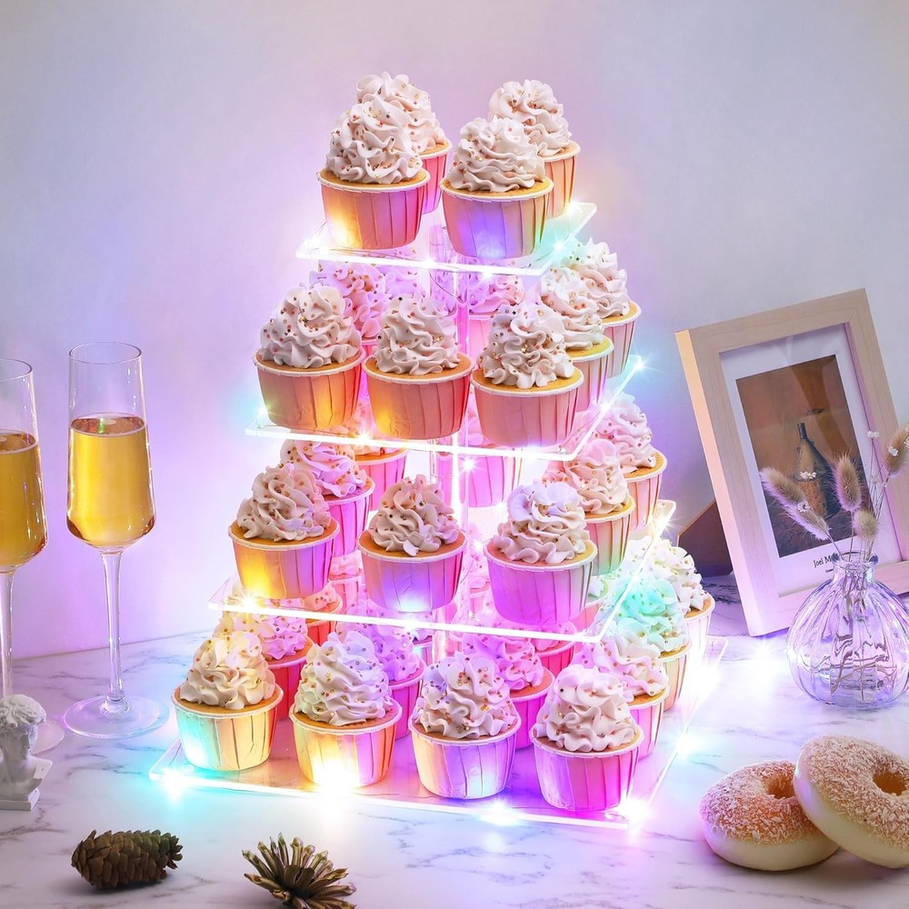 Versatile 4-Tier Cupcake Holder with LED String Lights - Durable Acrylic Design