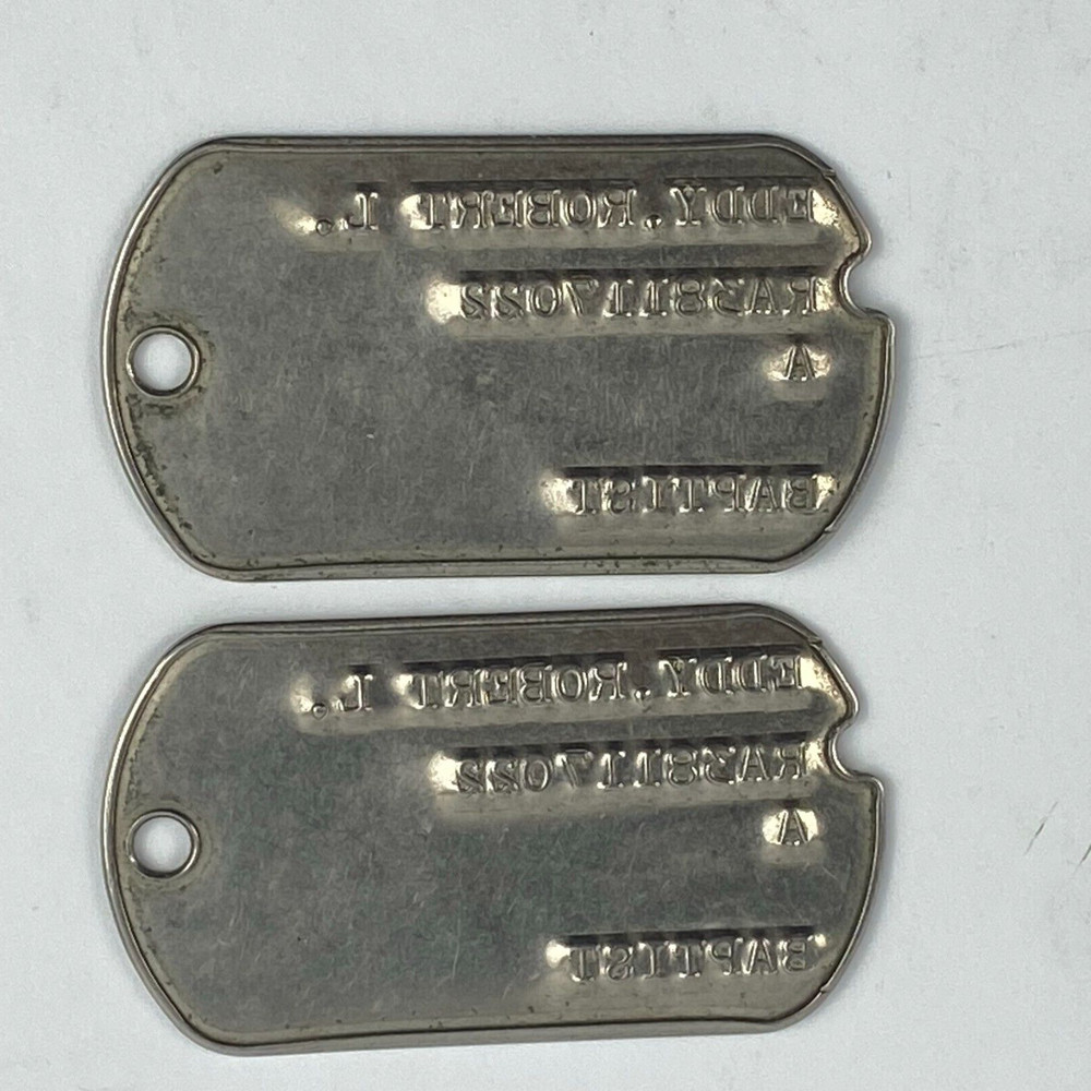 2 Soldier Dog Tags Army Military Notched Post WWII ERA Texas Vintage