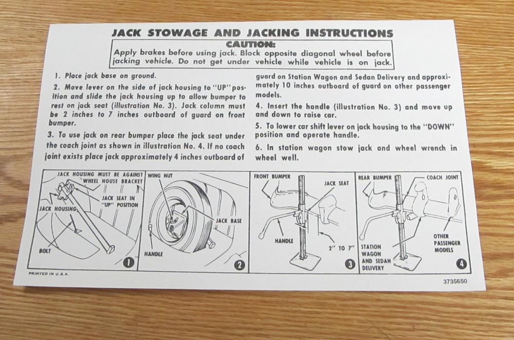 1956 CHEVY JACKING INSTRUCTION SHEET Correct Style With Part NUMBER * USA MADE *