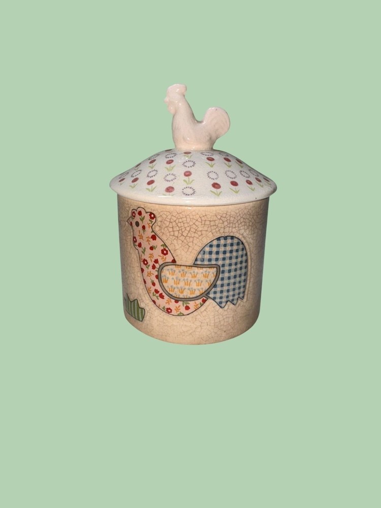 Vintage 1982 Enesco Quilted Garden Patch Ceramic Jar W/ Rooster Lid & Patchwork