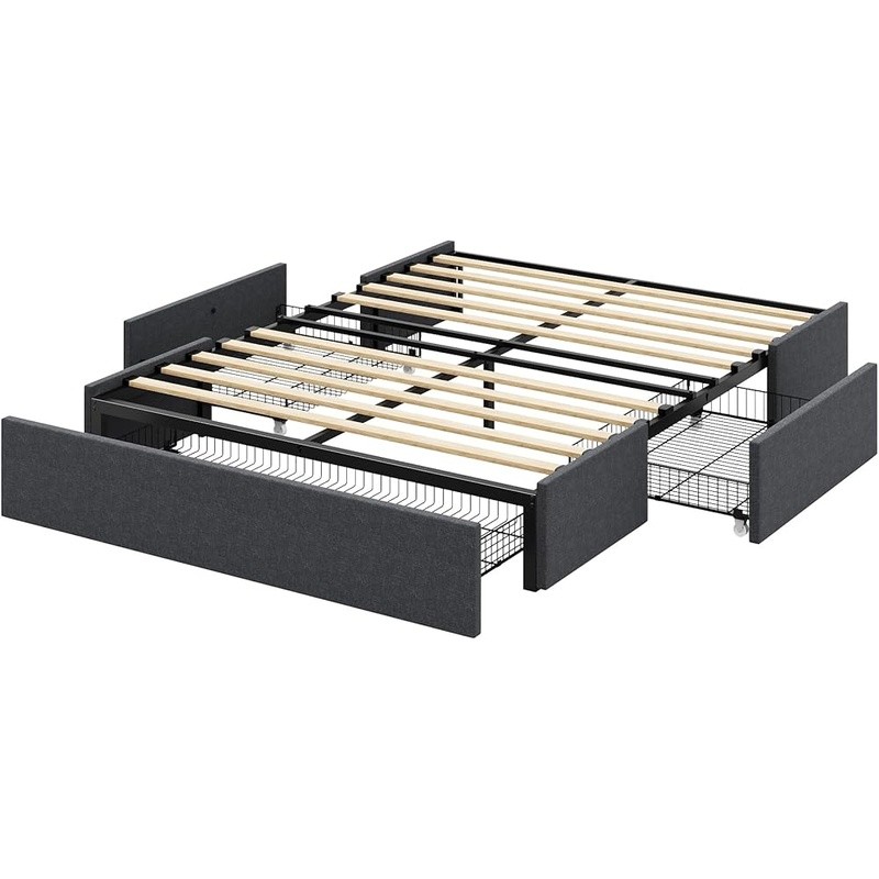 Modern Metal Bed Frame W/ Storage Drawers Customizable Headboard Easy Assembly