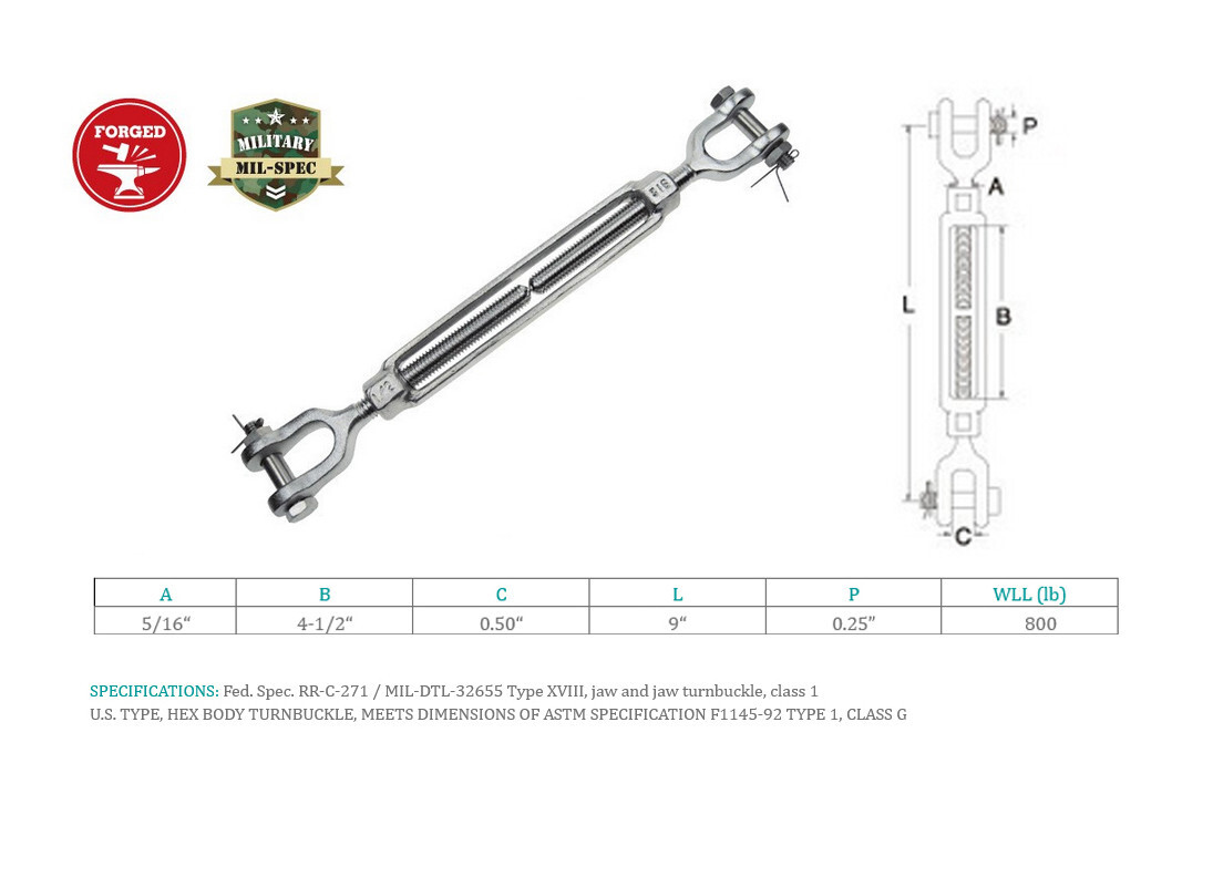 Stainless Steel T316 Mil Spec 5/16" x 4-1/2" Jaw Jaw Turnbuckle 800 Lbs WLL