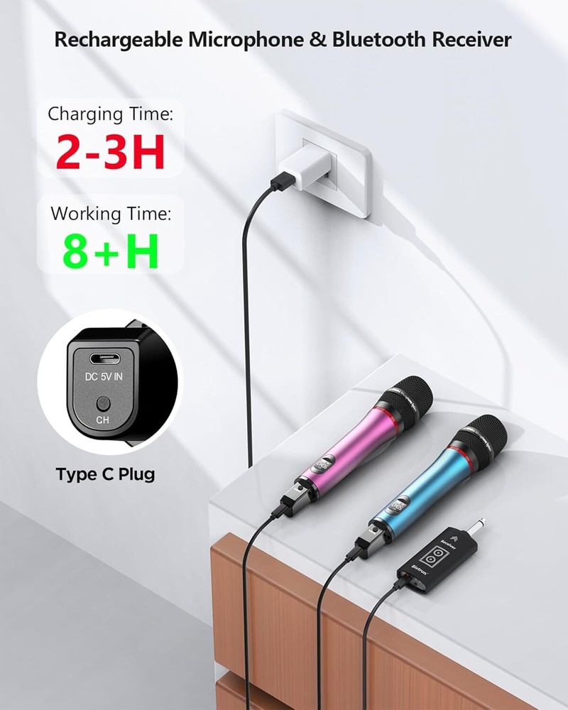 Bietrun Rechargeable Wireless Microphone, Dual Metal Cordless Handheld Dynamic