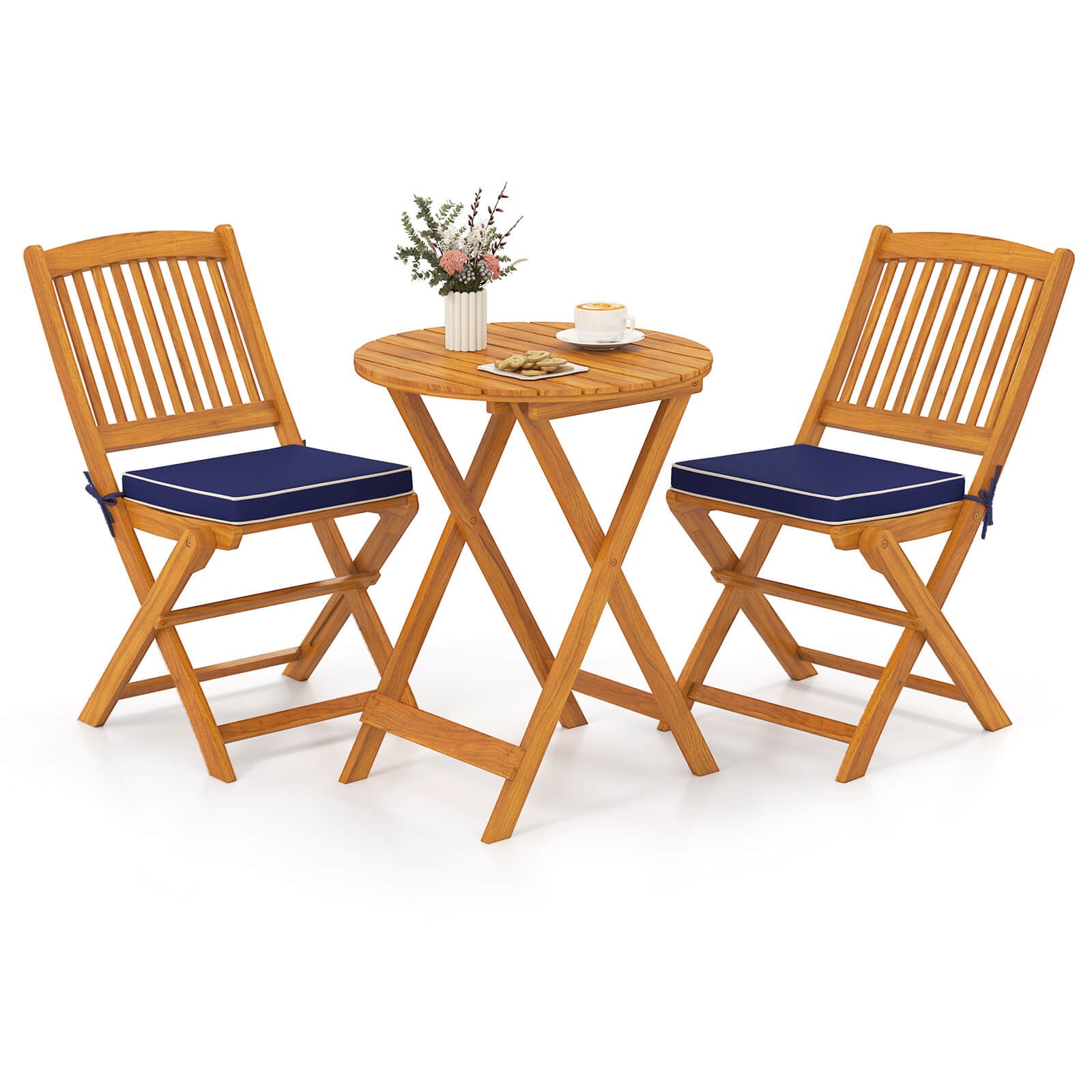 3 Pieces Acacia Wood Patio Bistro Set Folding Table & Chairs Set w/ Cushions