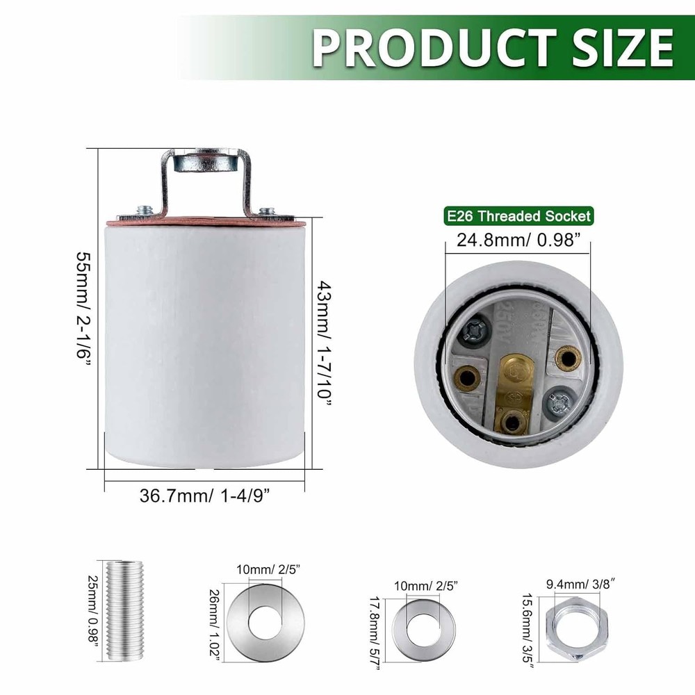 E26 Light Socket,Standard Medimun Screw Bulb Socket Lamp Holder,Porcelain Light