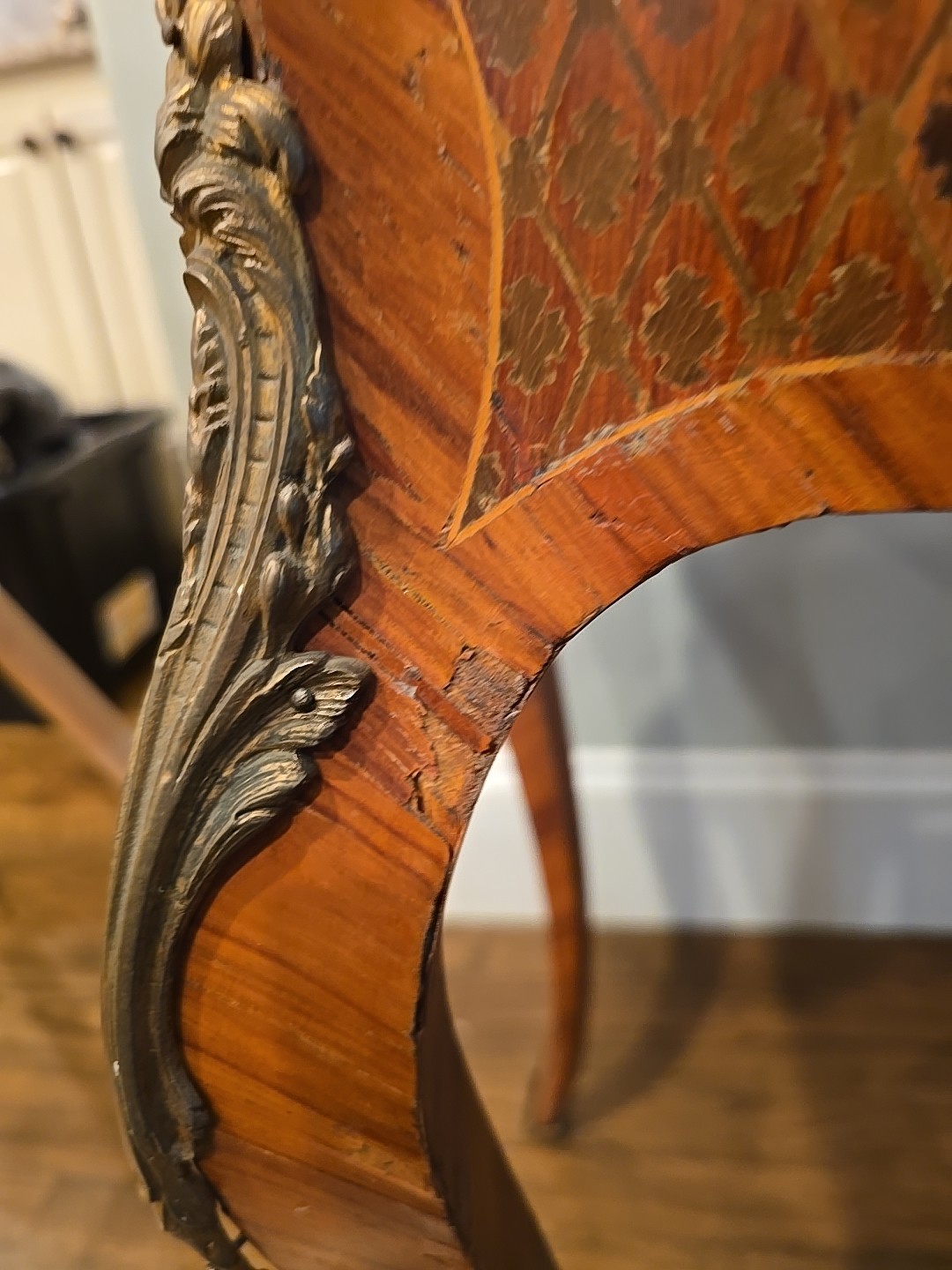 "Antique vanity table from the late 1800s with intricate inlay & a hidden mirror