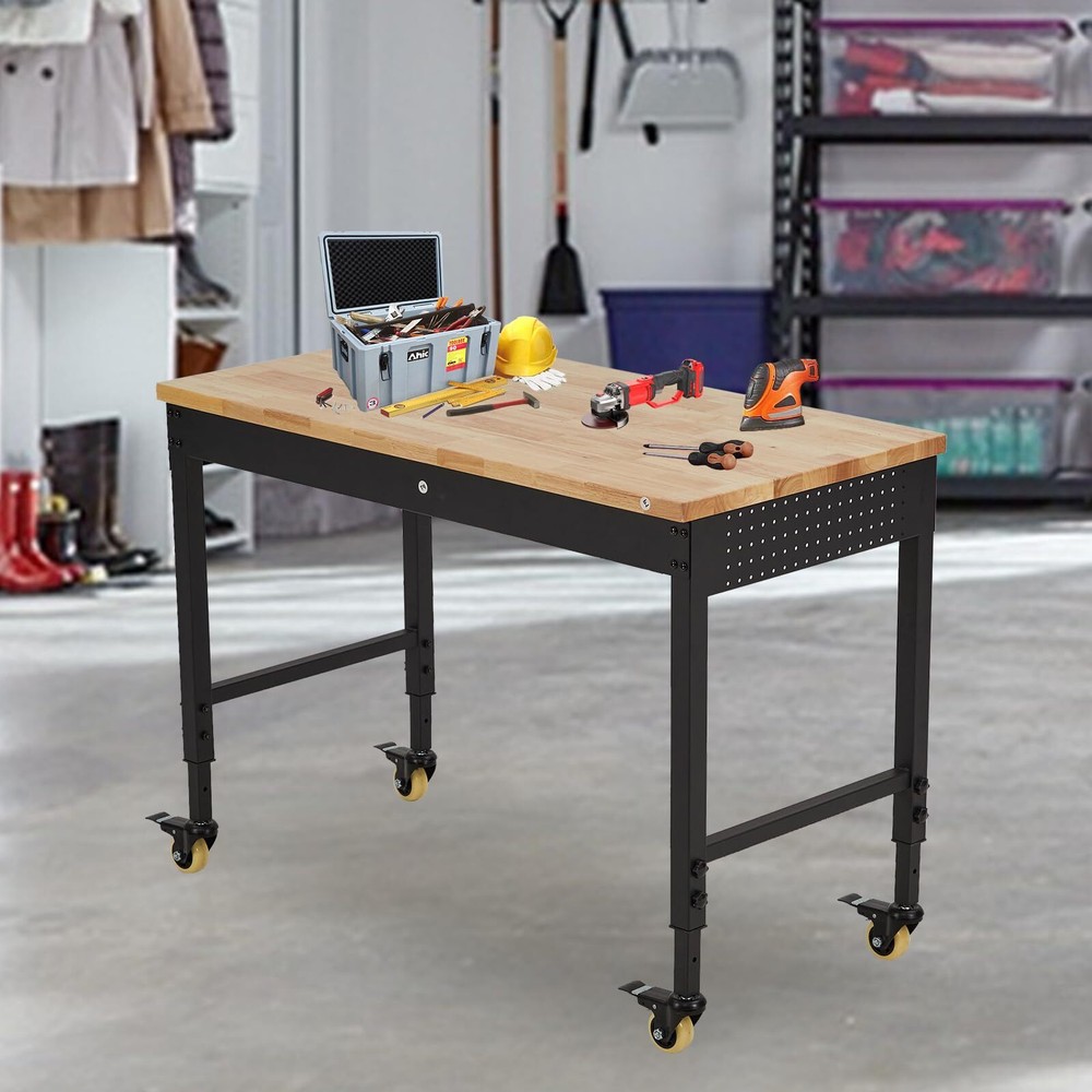 ✅48" Workbench Rubber Wood Top Workstation with Drawer & 4 Rolling Casters 2000