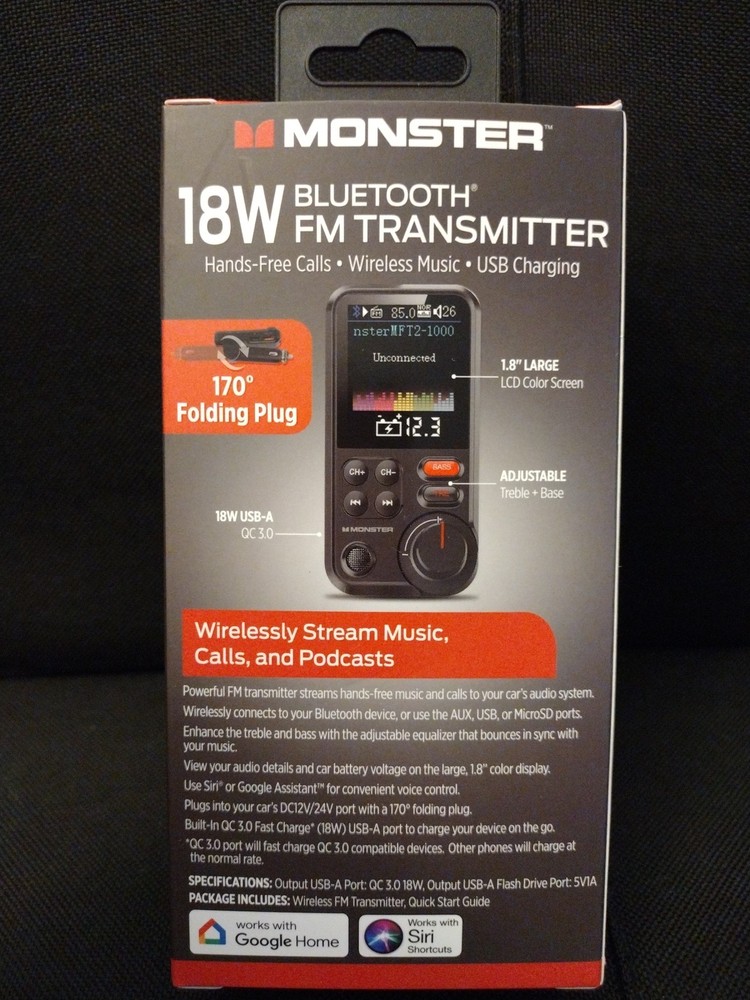 Monster 18W Bluetooth FM Transmitter Hands-Free Wireless Music. USB Charging