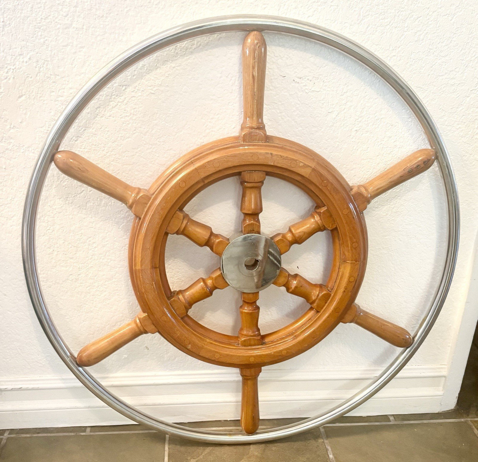 Wood & Stainless Steel 28 Inch Yacht Steering Wheel 6 Spoke 1 Inch Shaft Nice