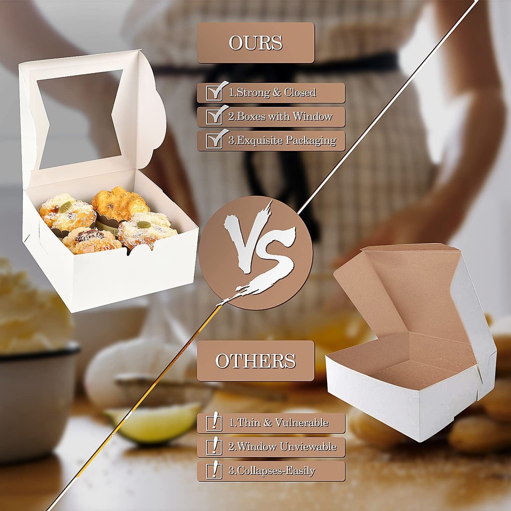 65PCS White Bakery Boxes with Window 6x6x3" 5 Style Cookie Boxes Candy Donut