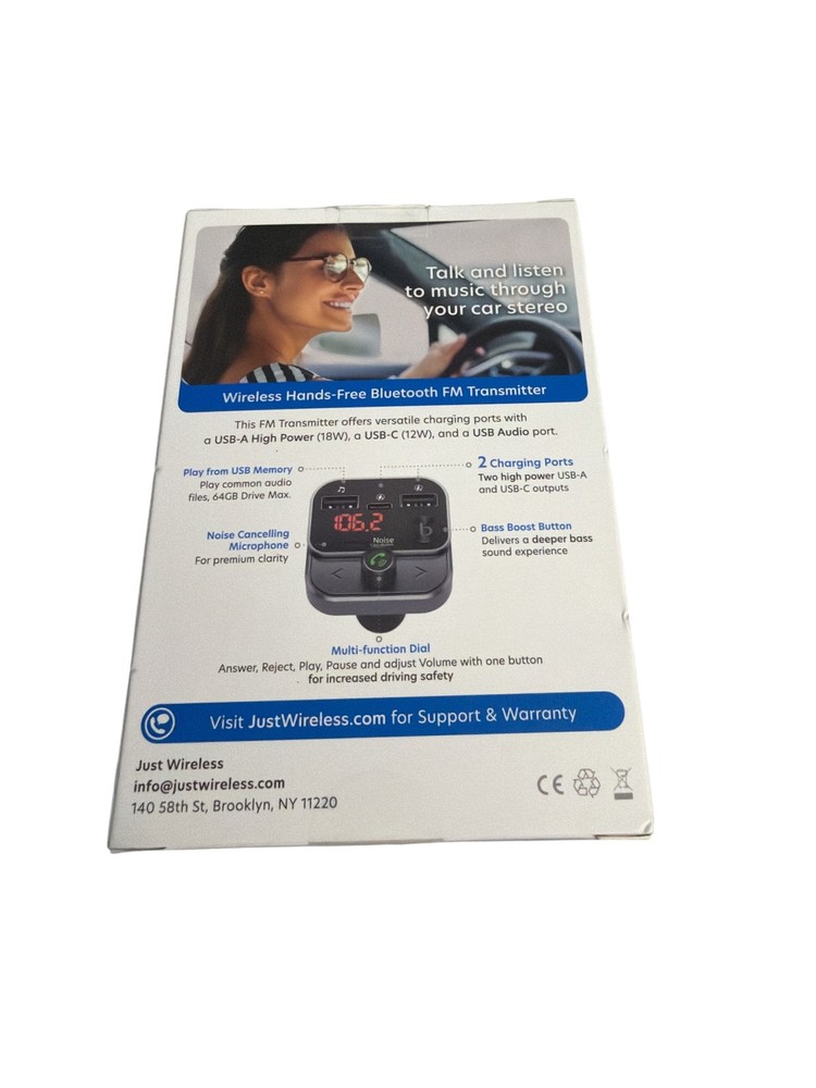 Just Wireless FM Transmitter with USB-C and USB-A Charging Port - Black