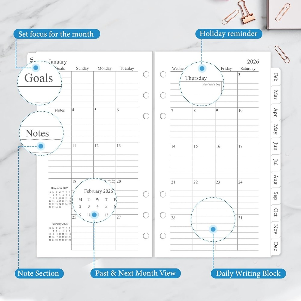 2026 Monthly Planner Refill, A6 Small Size Planner Inserts for 6 Ring,