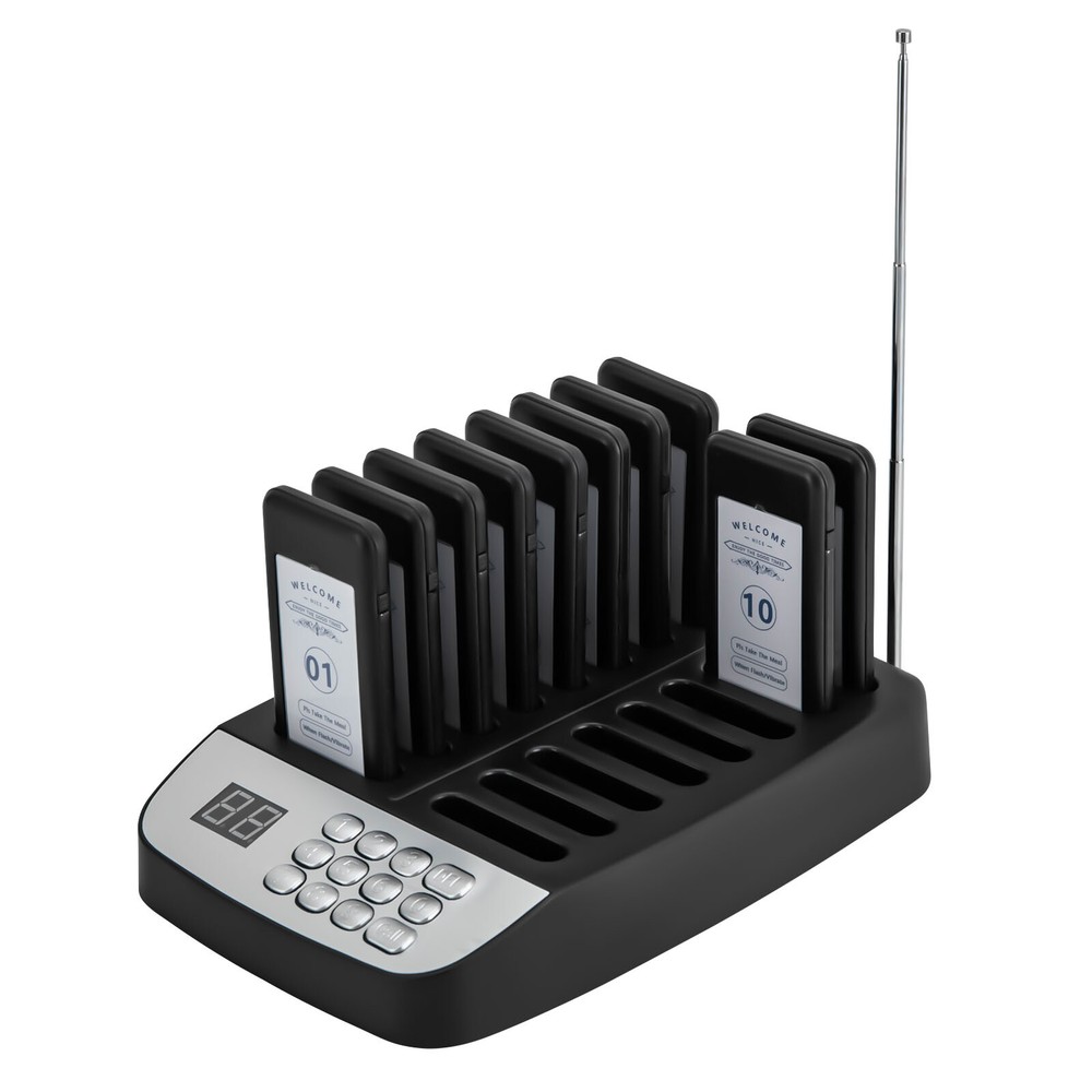Restaurant Wireless Pager System 10 Buzzer Pager Guest Queuing Calling Black