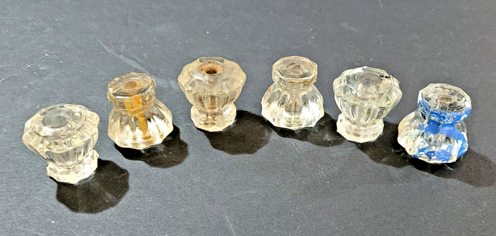 6 Clear Glass 10 Sided Drawer Pull Knobs Vintage 1-1/8" tall
