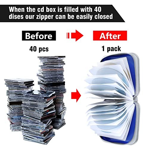 CD Case, 40 Capacity CD/DVD Case Holders Wallet Hard Plastic DVD Disc Blue