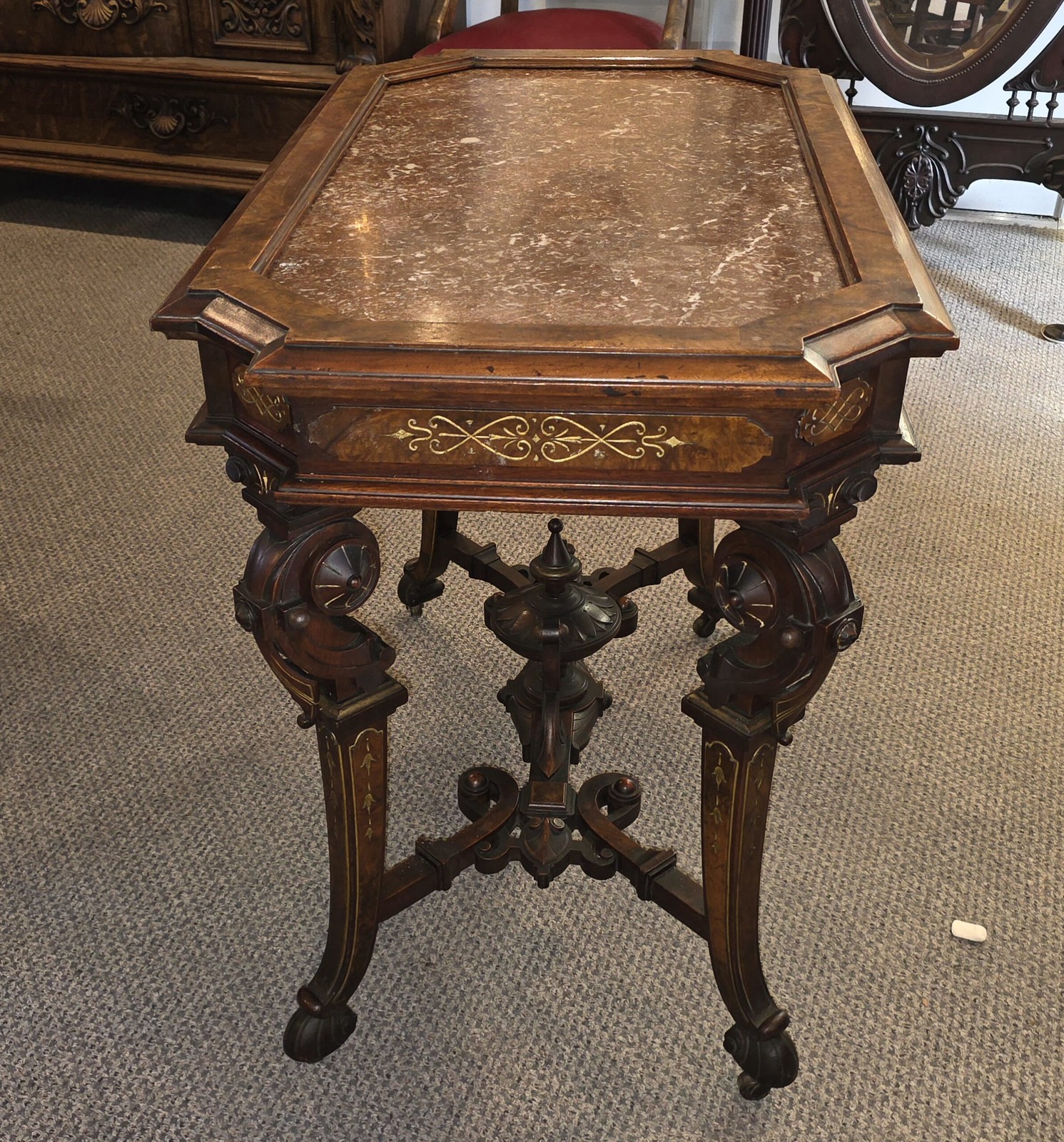 Antique Victorian Renaissance Revival Parlor table with framed Brown Marble top