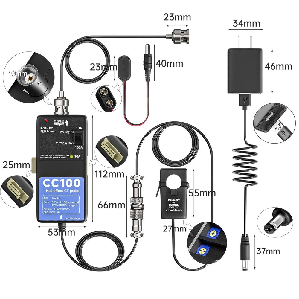 Clamp-on Current Probe CC100 10A/100A Range Supports Cascading Multiple Units...