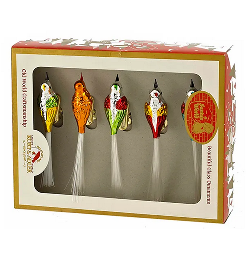 KURT ADLER BOX SET OF 5 EARLY YEARS 4.5" GLASS CLIP-ON BIRD XMAS ORNAMENTS C1929