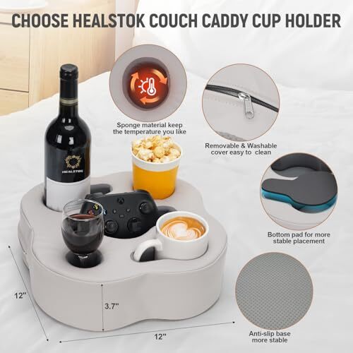 Couch Cup Holder Pillow, Sofa Organizer Caddy Bed Refreshment Tray for PUGrey