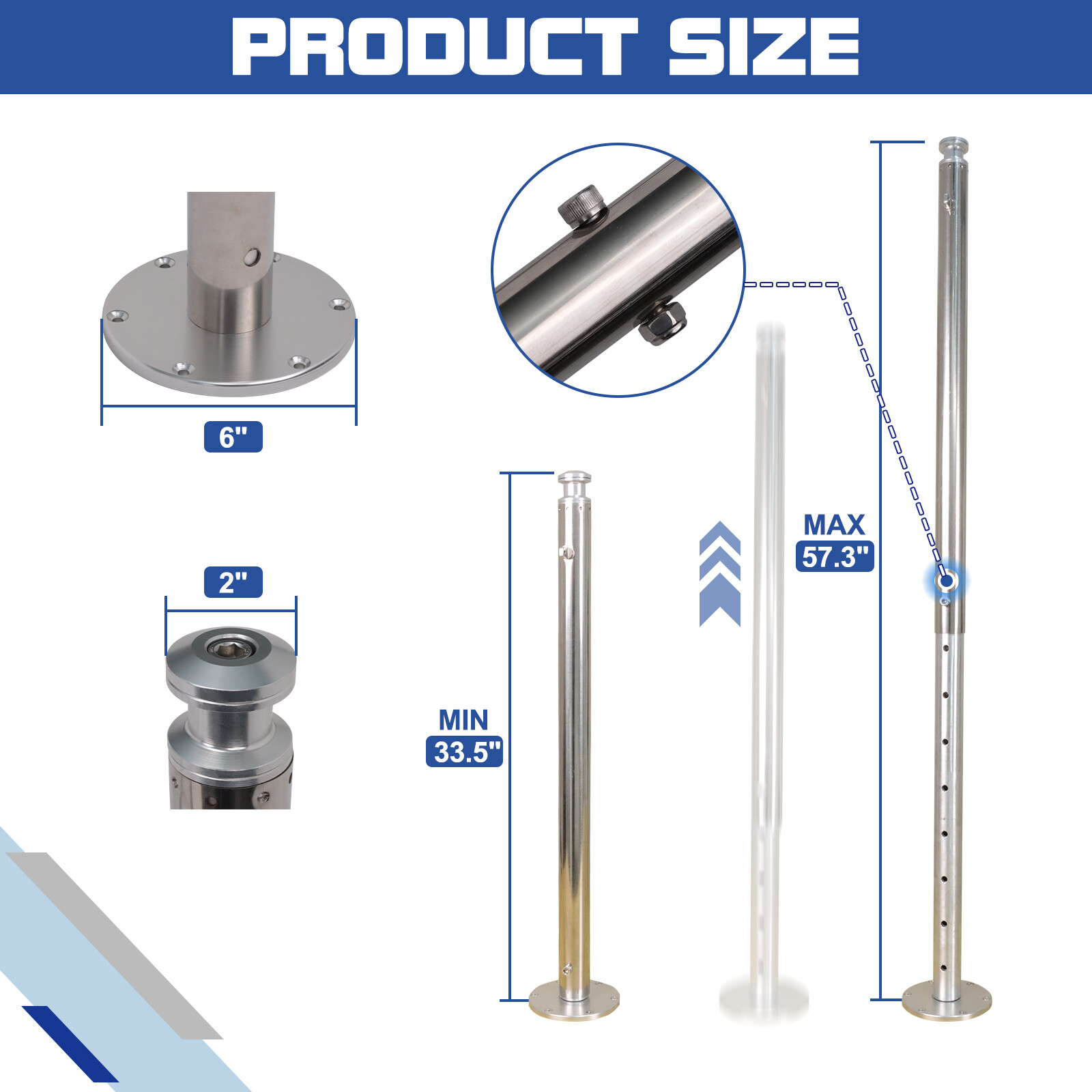 Water Ski Pylon for Outboard Boat Stainless Steel Adjustable Pole Height 33"-57"