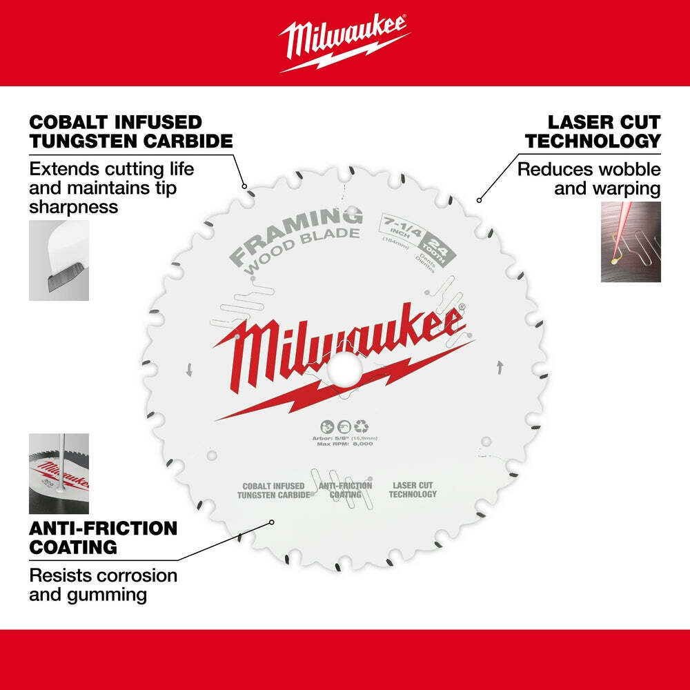 Milwaukee 48-40-0722 7-1/4" 24T Framing Circular Saw Blade - 2 PK