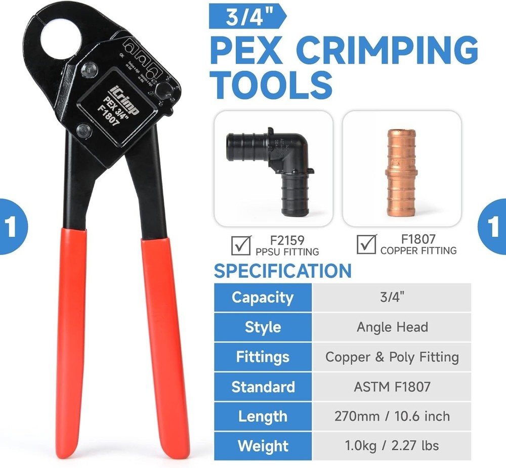PEX Crimping Tool Kit 5pc Angle Head Crimpers Cutter Ring Remover Case 1/2 3/4