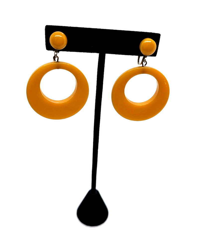 Excellent Butterscotch Bakelite Clip-On & Dangle Front Facing Hoop Earrings