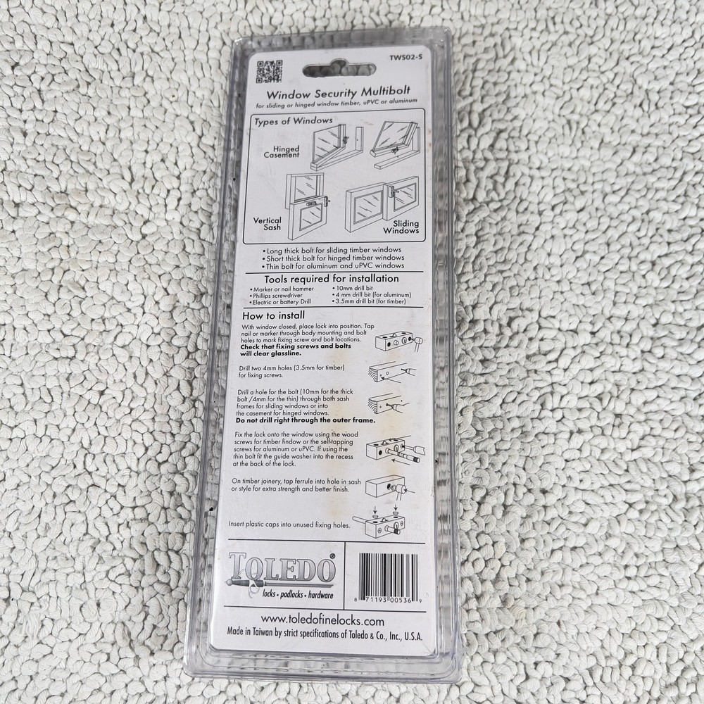 Toledo Window Security Multi Bolt TWS02-S Hinged Casement, Vert. Sash, Sliding