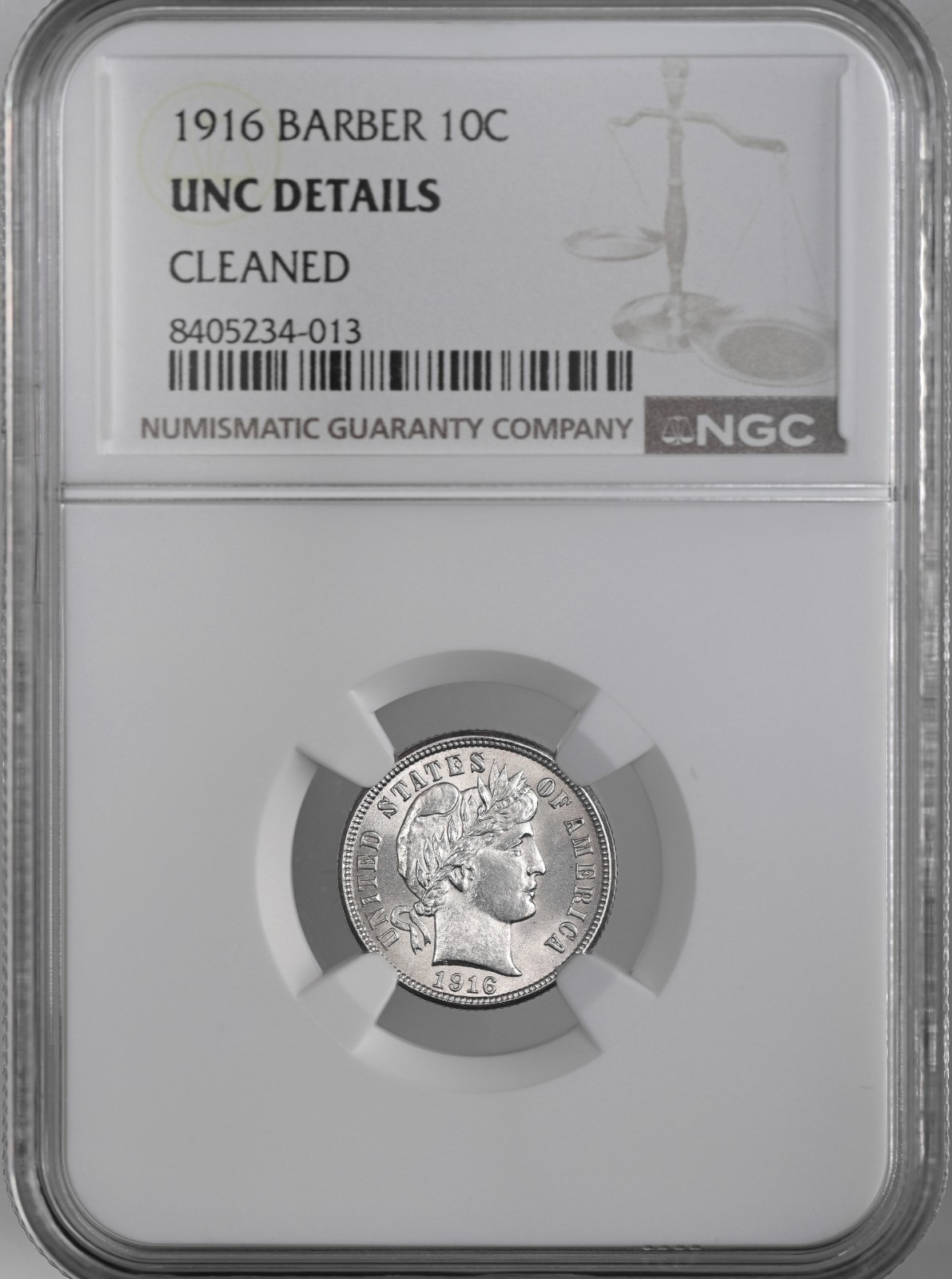 1916-P 10C BARBER SILVER DIME PHILADELPHIA  NGC UNC DETAILS CLEANED #8405234-013