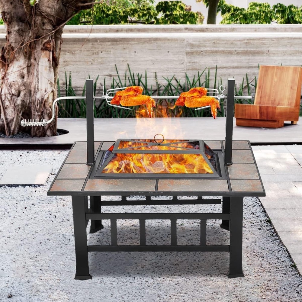 Multi-Purpose 37-Inch Square Fire Pit Table with Grill & Spark Screen Included