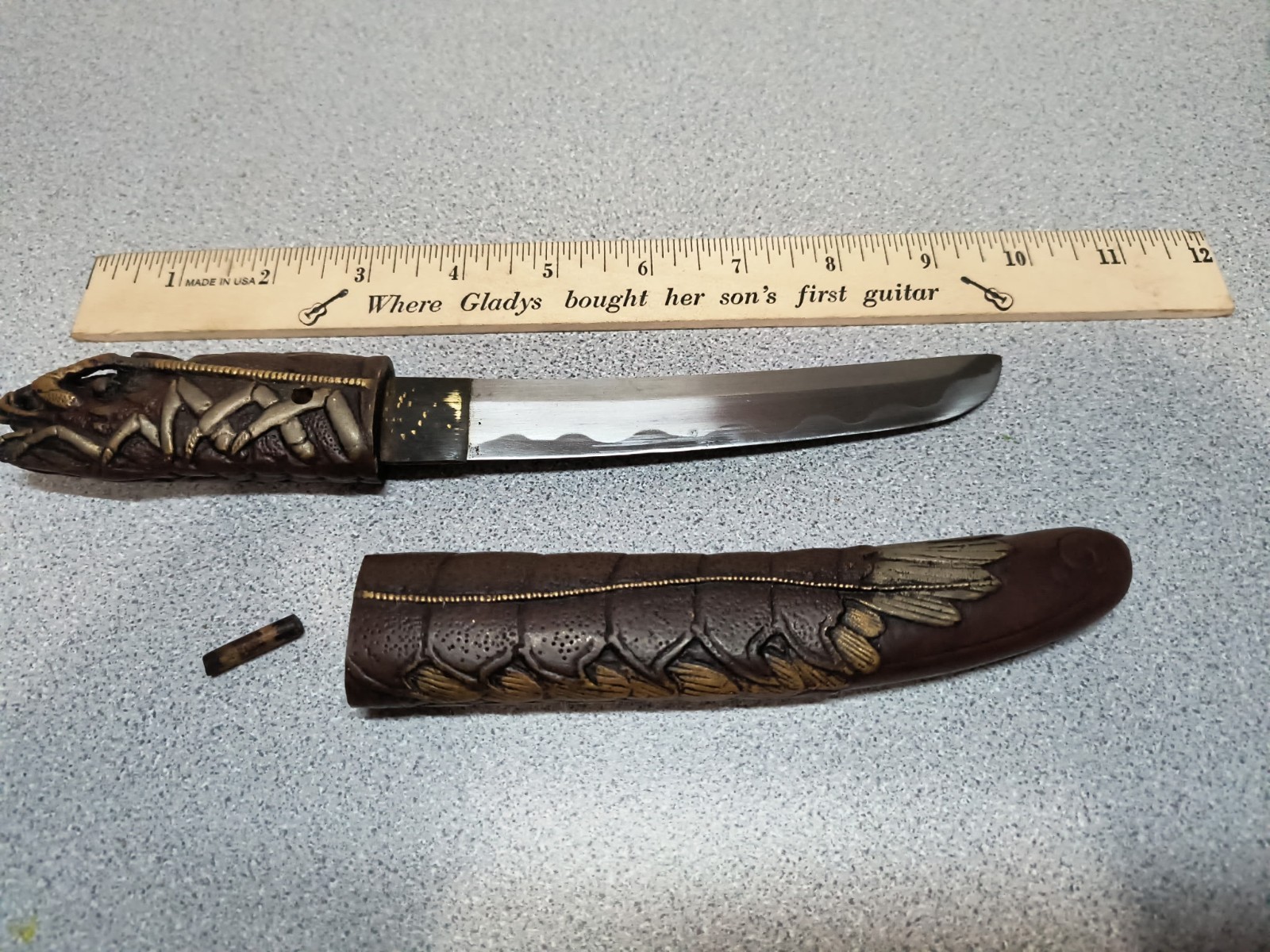 JAPANESE POST WWII SOUVENIR KNIFE & SHEATH UNIQUE TANTO SPINEY LOBSTER ENGRAVED