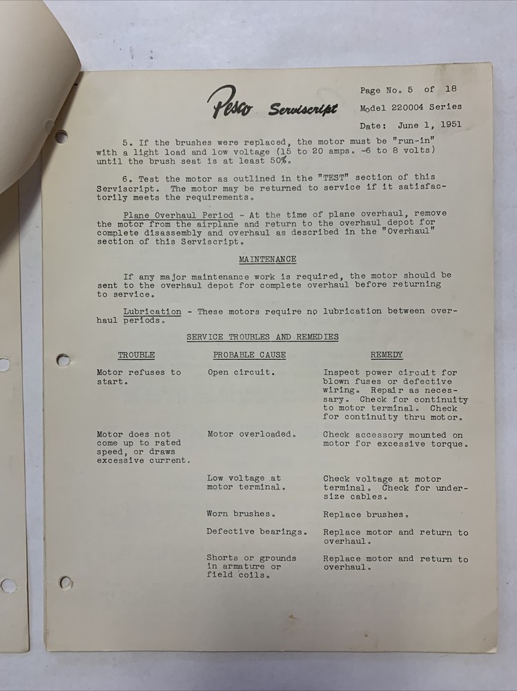 Pesco Servicescript Model 220004 Series Dated June 1, 1951 - Original
