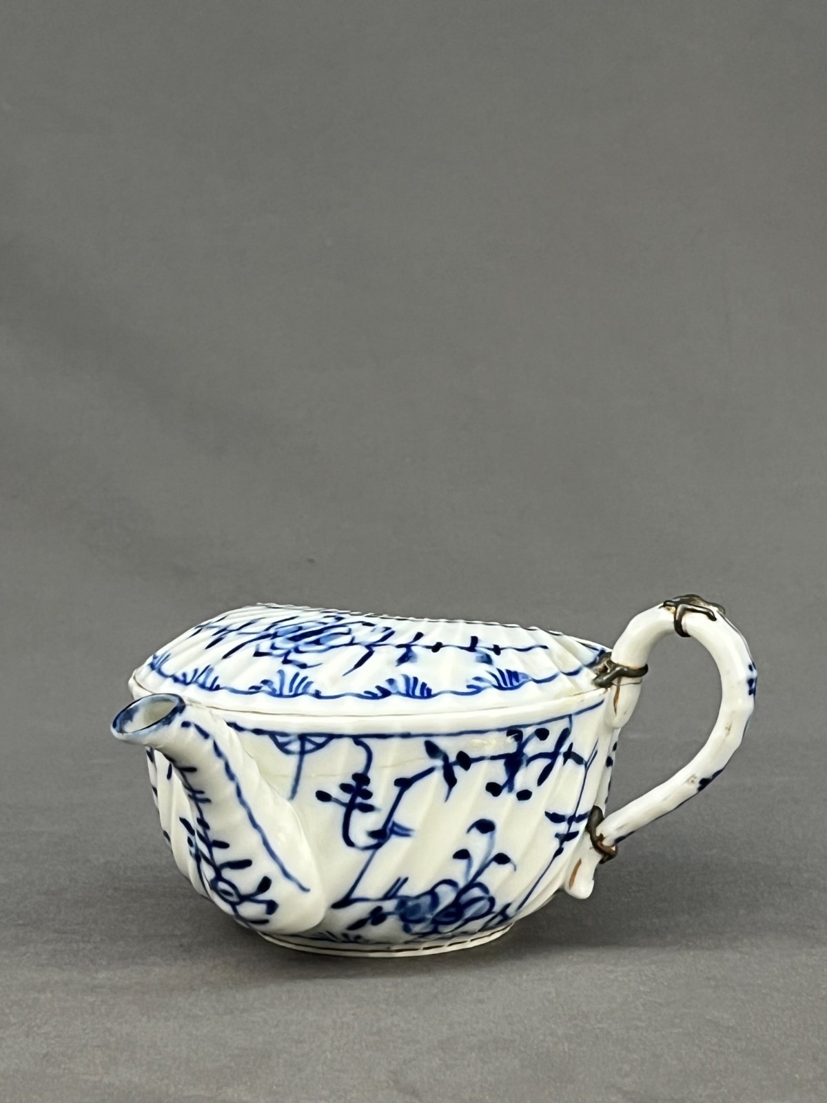 Royal Tettau BLUE ONION Invalid Feeder Pap Boat w/STAPLE REPAIR MAKE DO c. 1885