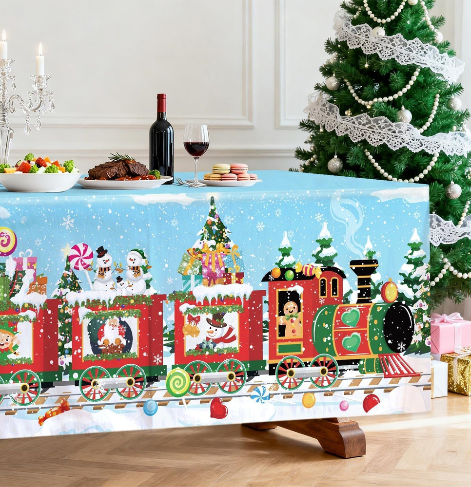 6 Ft Christmas Table Cloth Rectangle Red Train Tablecloth Washable Fabric Polyes