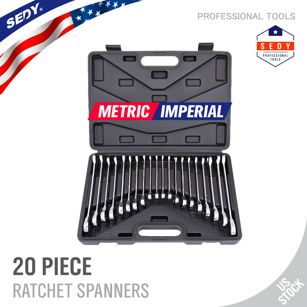 20pc Flat Ratcheting Wrench Combination Spanner Tool Set SAE & Metric With Case