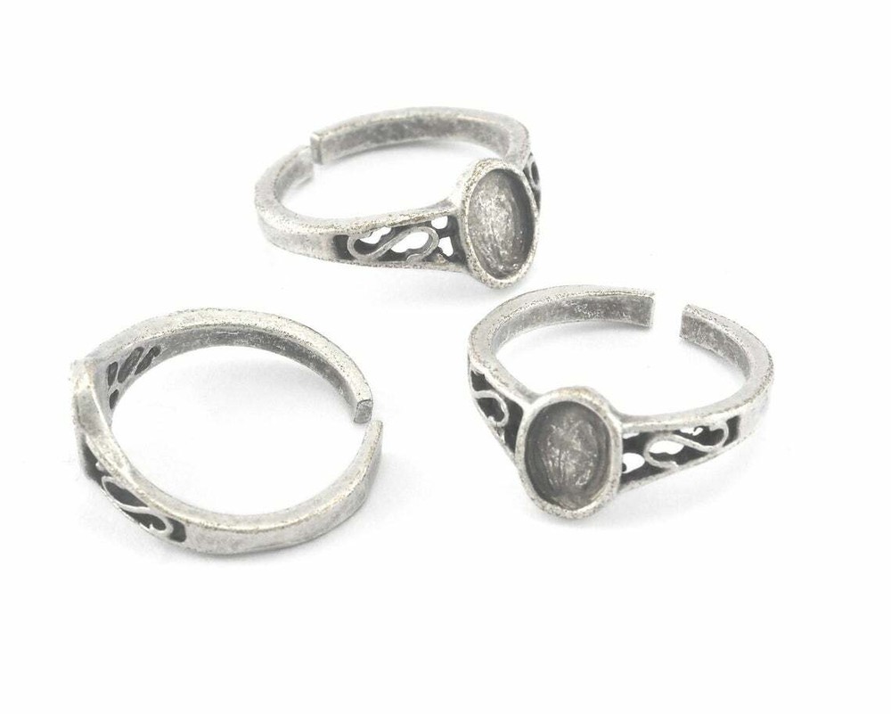 Ring Adjustable Antique Silver Plated Brass with 5x7mm base setting 5-7US 2235