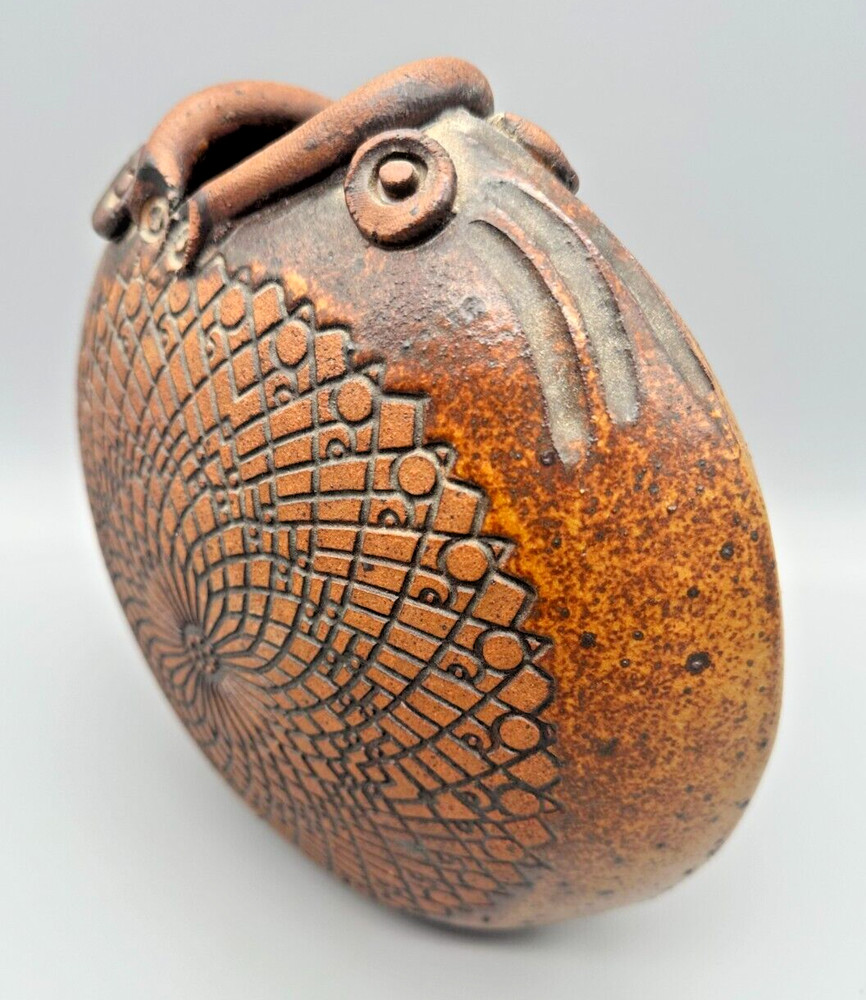 Brown Earthenware Vase Two Fish Geometric Design Unique 8.5” Diameter
