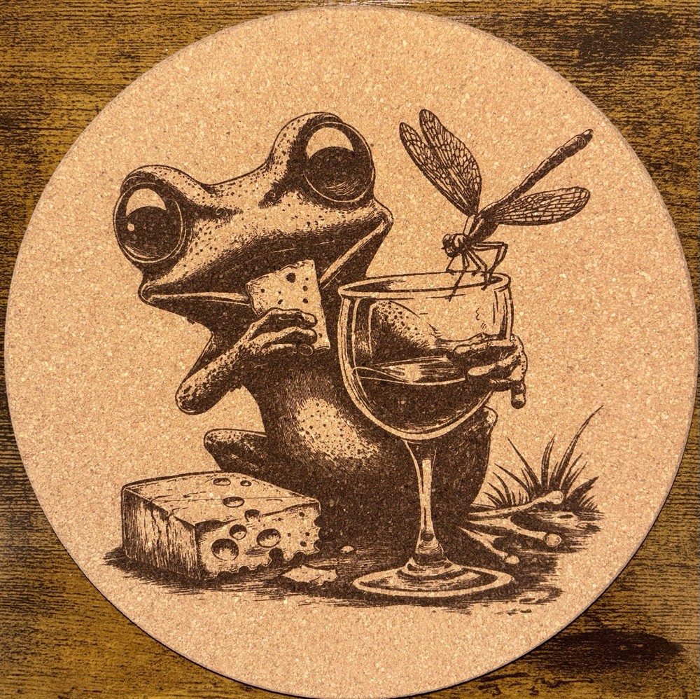 Trivet 8” Cork, Frog With Wine & Cheese, Laser Engraved