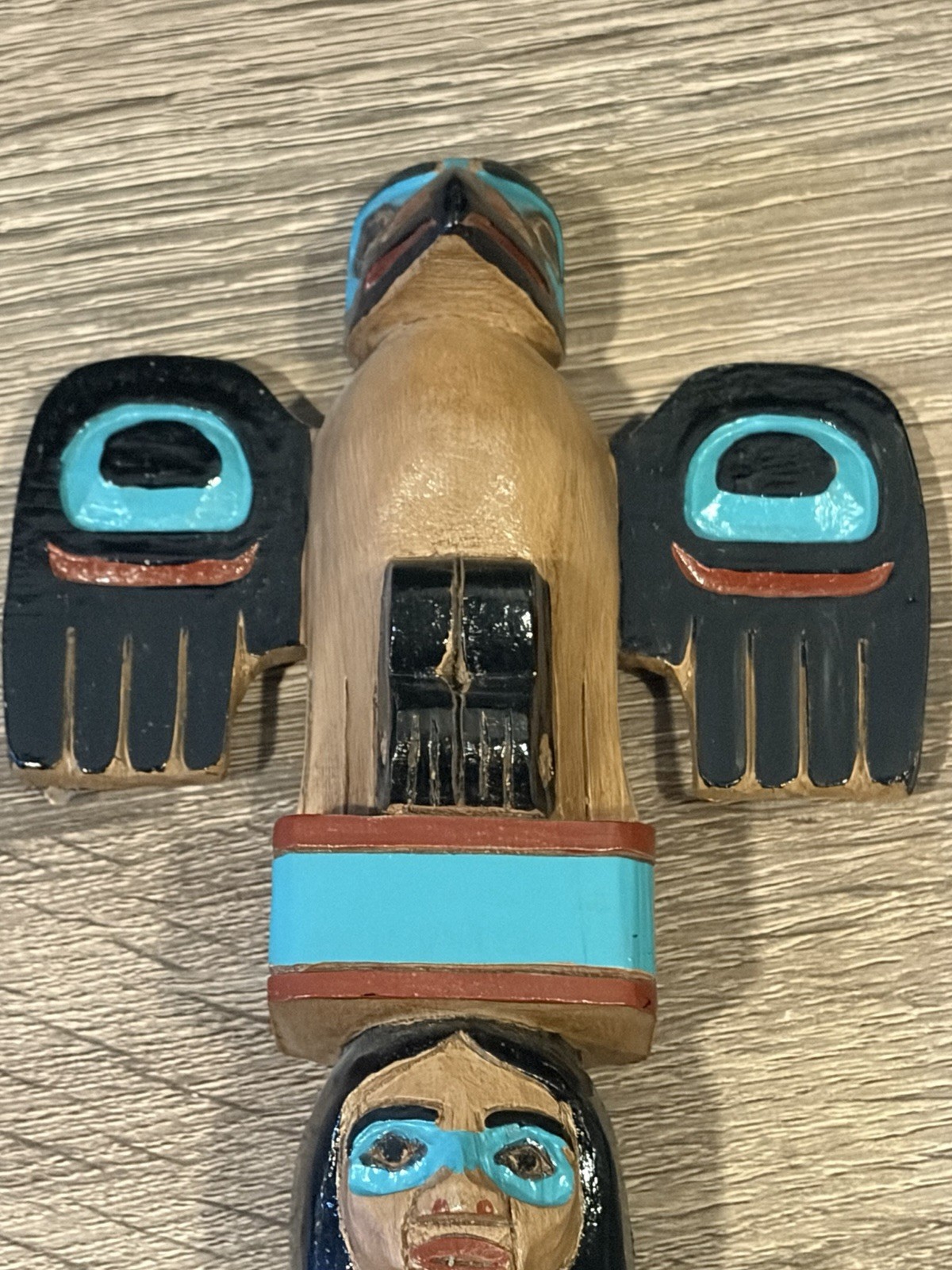 VTG 1992 Tlingit Hand Carved Painted Totem Pole Alaska, Native American 9"