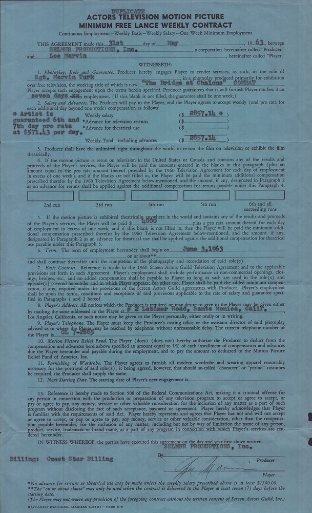 LEE MARVIN - CONTRACT SIGNED 05/31/1963
