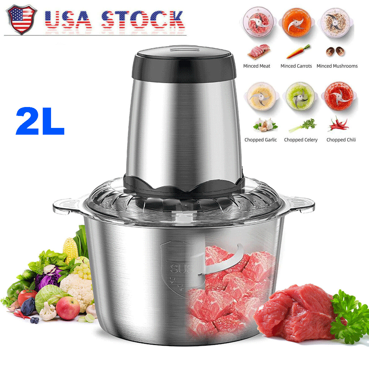 2L Electric Food Chopper Electric Stainless Steel Processor Meat Grinder Mixer